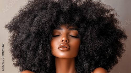 Close-up of a woman with voluminous, curly hair.  Beautiful, natural, and healthy-looking
