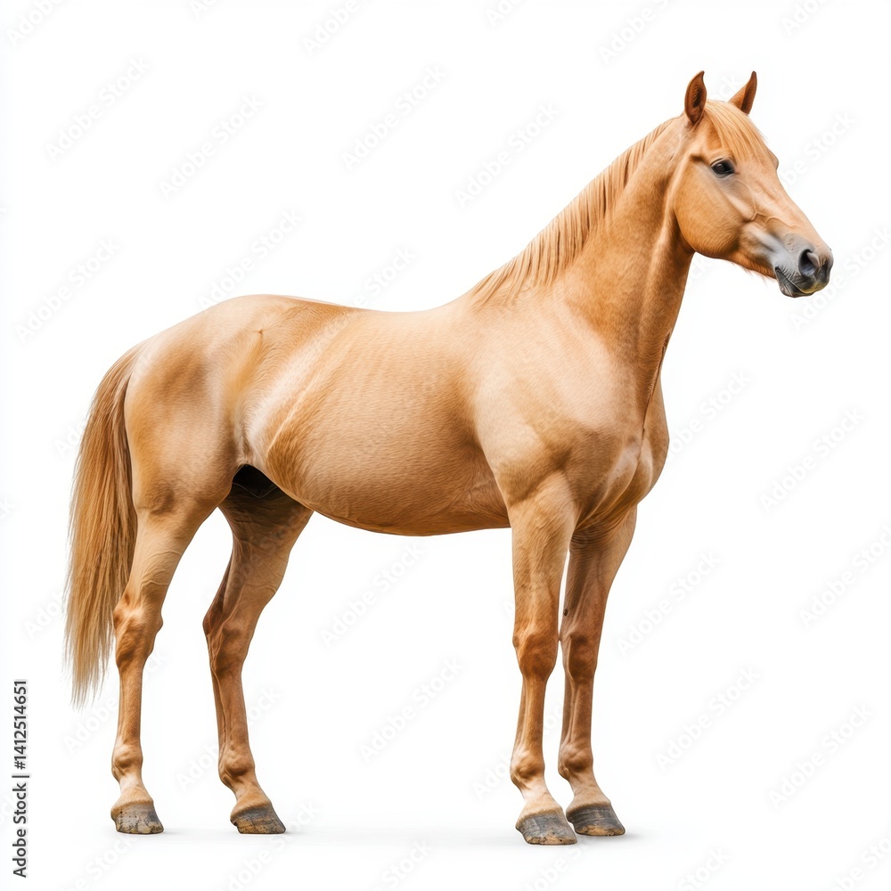 Fototapeta premium Elegant Palomino Horse Standing Gracefully Against White Background