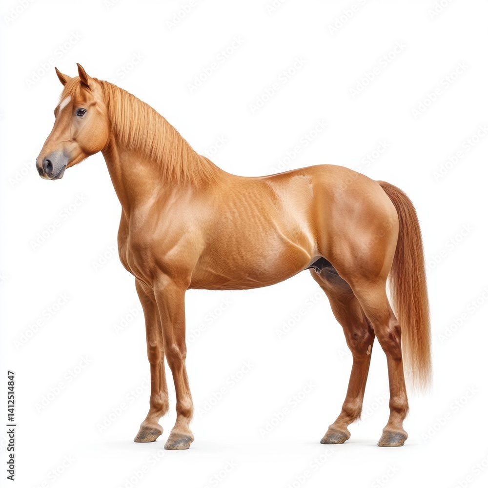 Fototapeta premium Beautiful chestnut horse standing gracefully on white background