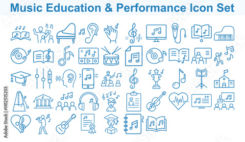 Music Line Icons Set Instruments, Notes, Audio Equipment, School, Education