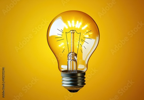 A light bulb is lit up and shining brightly on a yellow background