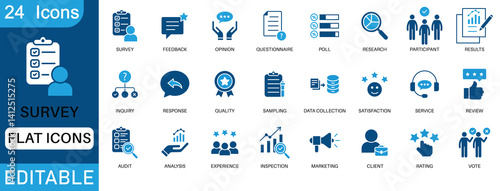 Survey flat icons set with feedback, opinion, poll, questionnaire, data collection, analysis, satisfaction, rating, vote, client, service. Editable vector design.
