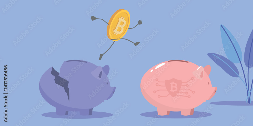 Obraz premium Profitable investment, interest deposit, piggy bank, crypto wallet. Electronic money security, blockchain, bitcoin vector illustration, economic crisis, saving finances