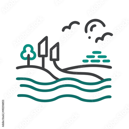 Minimalist linear illustration with nature and river elements