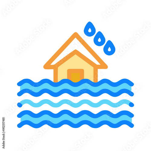 Flooded house in water with rain illustration icon