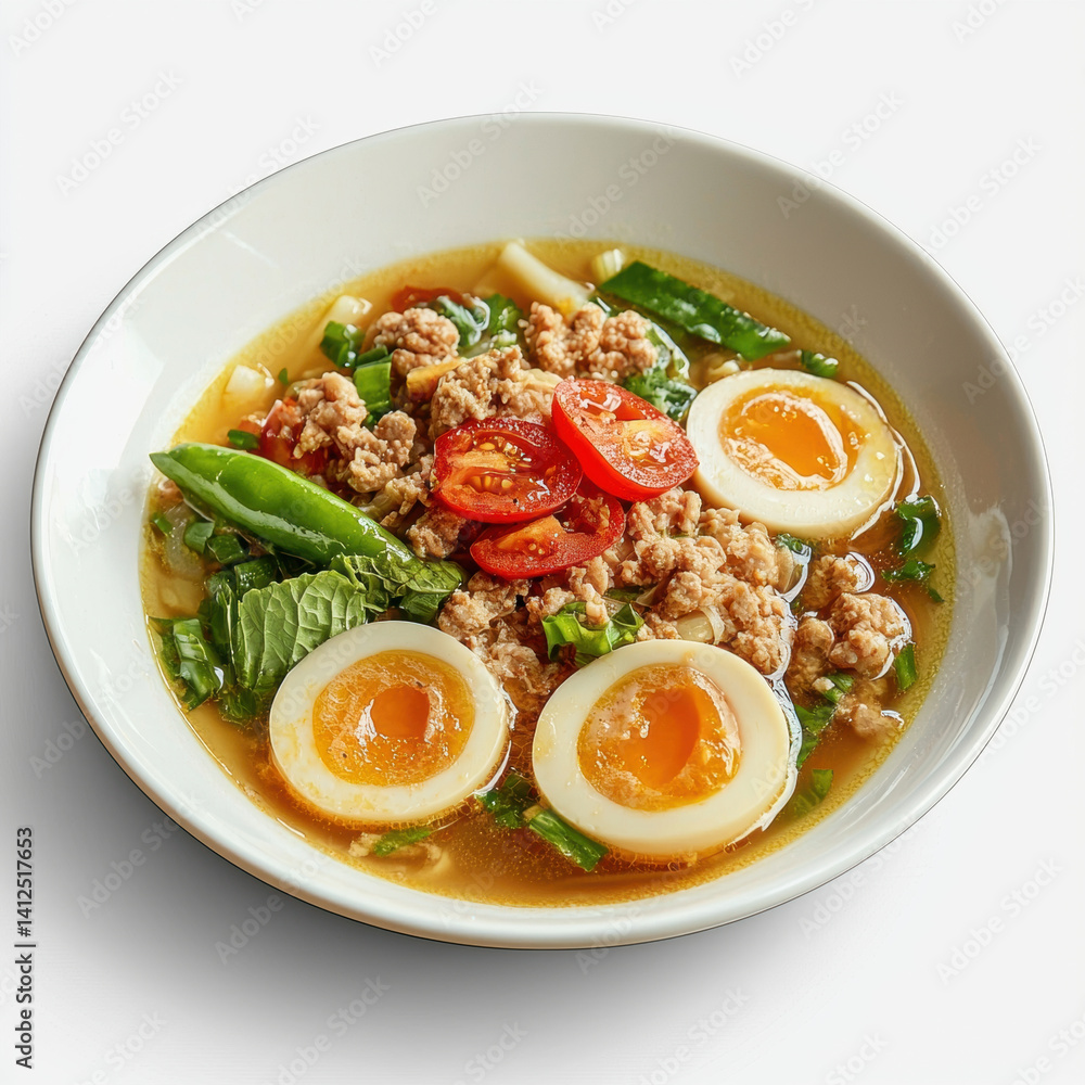 Delicious bowl of soup featuring savory minced meat, soft boiled eggs, fresh vegetables, and vibrant herbs, perfect for comforting meal Delicious bowl of soup featuring savory minced meat, soft boiled eggs, fresh vegetables, and vibrant herbs, perfect for comforting meal