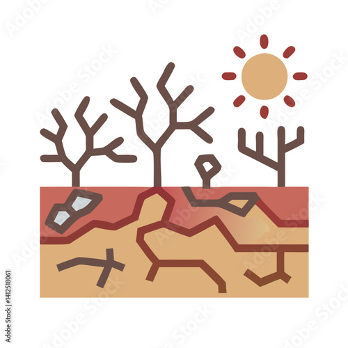 Drought illustration with dry trees, cracked earth, sun