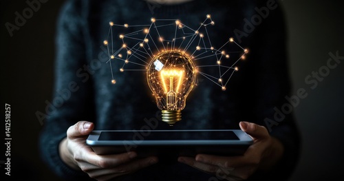 light bulb floating above an iPad, being pulled by glowing threads of data