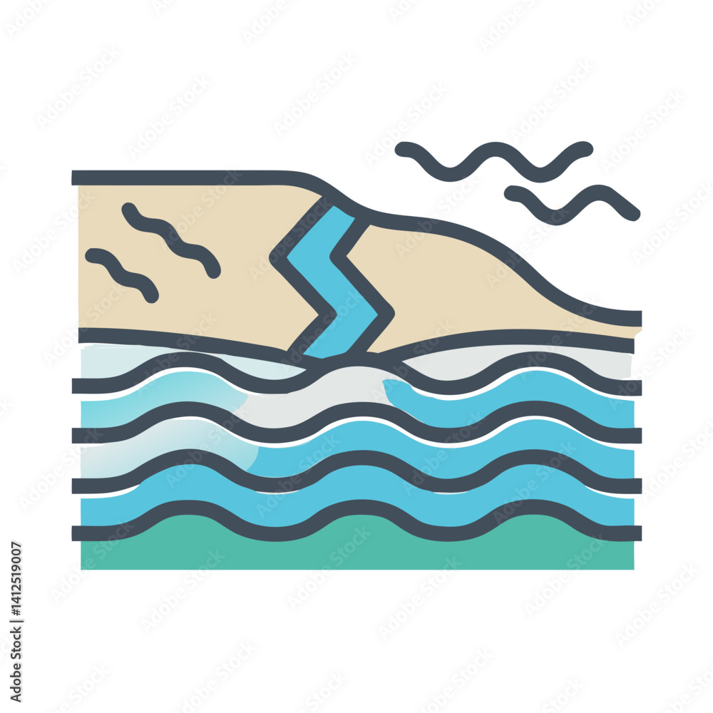 Coastal erosion icon showing land loss with river Coastal erosion icon showing land loss with river