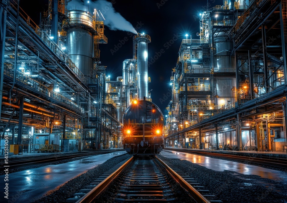 Fototapeta premium Nighttime refinery complex illuminated with an approaching train on the tracks