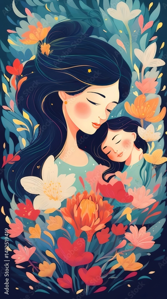 Mother and Child Embracing Among Colorful Flowers with a Soft Blue Background and Warm Lighting Mother and Child Embracing Among Colorful Flowers with a Soft Blue Background and Warm Lighting