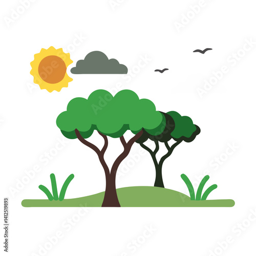 Cartoon illustration of an African landscape on black background