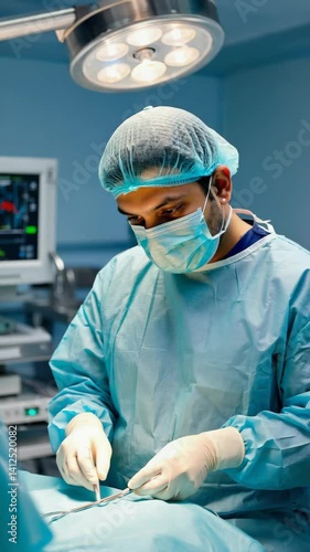 Focused surgeon operating in scrubs with surgical instruments and bright lights overhead in an operating room