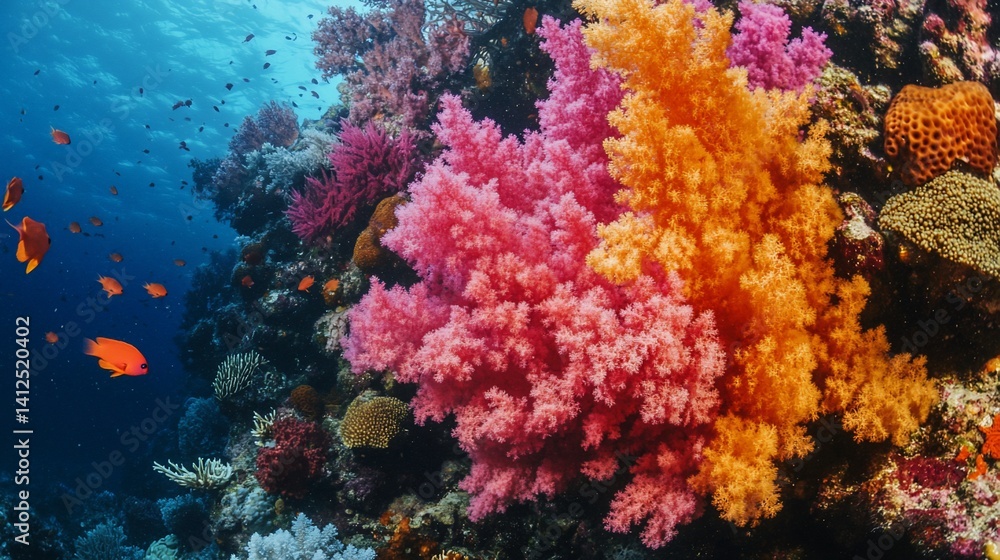 Obraz premium Vibrant coral reef teeming with life. Colorful corals, fish, and marine life