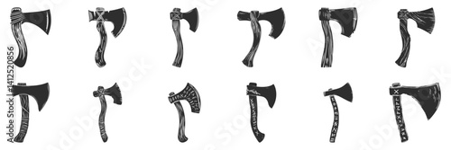 Viking Axes Silhouette Set. Traditional Nordic Weapon Designs With Runes And Patterns Isolated Vector Illustration Collection