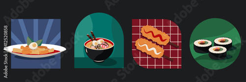 Flat style illustration of four Korean dishes—tteokbokki, ramen, corn dog, and kimbap—presented in bold graphic shapes and colors, perfect for food-themed design, posters, and culinary projects.
