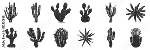Cactus Silhouettes Collection. Diverse Desert Plant Shapes For Botanical Design Isolated Vector Illustration Set
