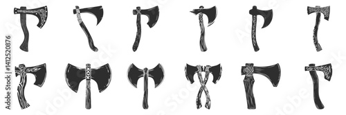 Viking And Medieval Axes Silhouette Set. Historical Weaponry And Design Elements Isolated Vector Illustration Collection