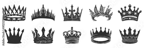 Crown Silhouettes Collection. Royalty And Nobility Symbols In Vintage Style Isolated Vector Illustration Set