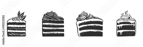 Cake Slice Silhouette Set. Dessert Variety With Cream And Leaf Toppings Isolated Vector Illustration Collection