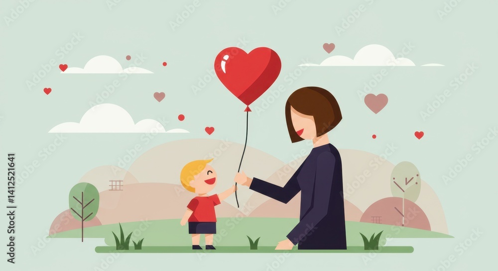 Mother Receiving Heart-Shaped Balloon from Child Mother Receiving Heart-Shaped Balloon from Child