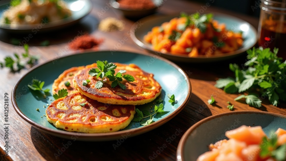Plate of pancakes with parsley on top sits on a table with other plates of food. Scene is inviting and appetizing, as the pancakes look delicious