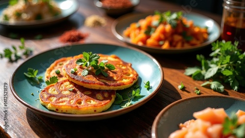 Obraz na płótnie Plate of pancakes with parsley on top sits on a table with other plates of food. Scene is inviting and appetizing, as the pancakes look delicious w salonie