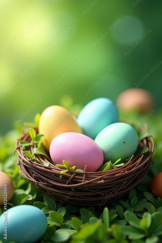 Obraz premium Serene easter scene with pastel colored eggs in nest surrounded by fresh greenery, Easter, copy space