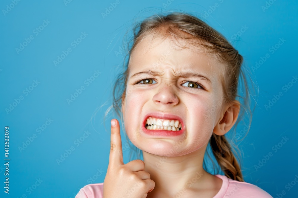 Close up portrait of kid point the finger her teeth, attractive lovely healthy girl isolated on blue background Close up portrait of kid point the finger her teeth, attractive lovely healthy girl isolated on blue background