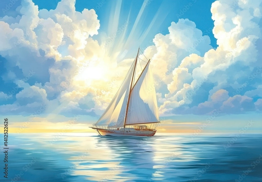 Fototapeta premium Serene Sailing Boat Under Bright Sky with Fluffy Clouds and Sunlight