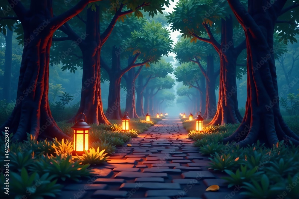Fototapeta premium Serene forest path with glowing lanterns, surrounded by low poly trees, stone path, nature