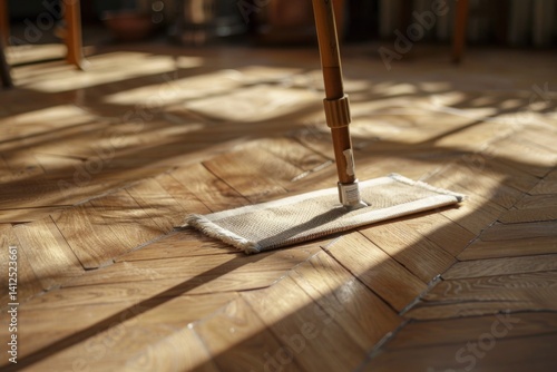 Close-up of a mop on a parquet floor in a room