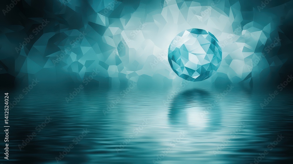 Obraz premium Blue Sphere Above Reflective Water With Polygonal Background