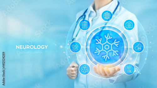 Neurology medical concept. Nerve health. Neural communication, brain function. Human neuron cell. Doctor holding in hand Nerve cell icon and medical icons network connection. Vector illustration.