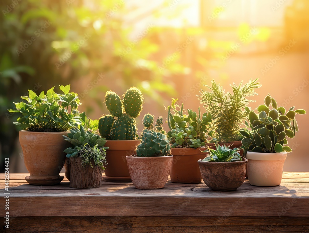 A serene botanical featuring potted plants from arid, tropical, and temperate regions, carefully placed a rustic wooden surface under golden sunlight A serene botanical featuring potted plants from arid, tropical, and temperate regions, carefully placed a rustic wooden surface under golden sunlight