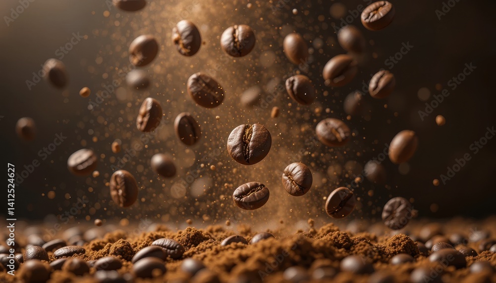 Roasted Coffee Beans Falling Dynamically onto Ground Coffee High-Resolution Image Roasted Coffee Beans Falling Dynamically onto Ground Coffee High-Resolution Image