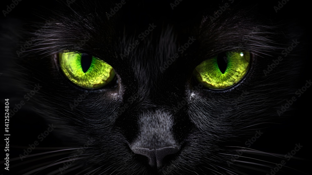 Glowing eyes, black cat close-up, dark background, Halloween Glowing eyes, black cat close-up, dark background, Halloween