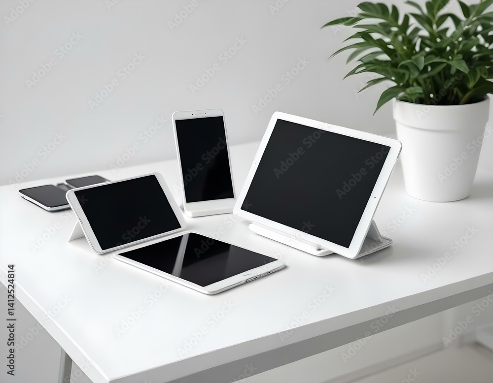 office workplace. a white tablet and a smartphone with a black screen on a stand on a white table office workplace. a white tablet and a smartphone with a black screen on a stand on a white table