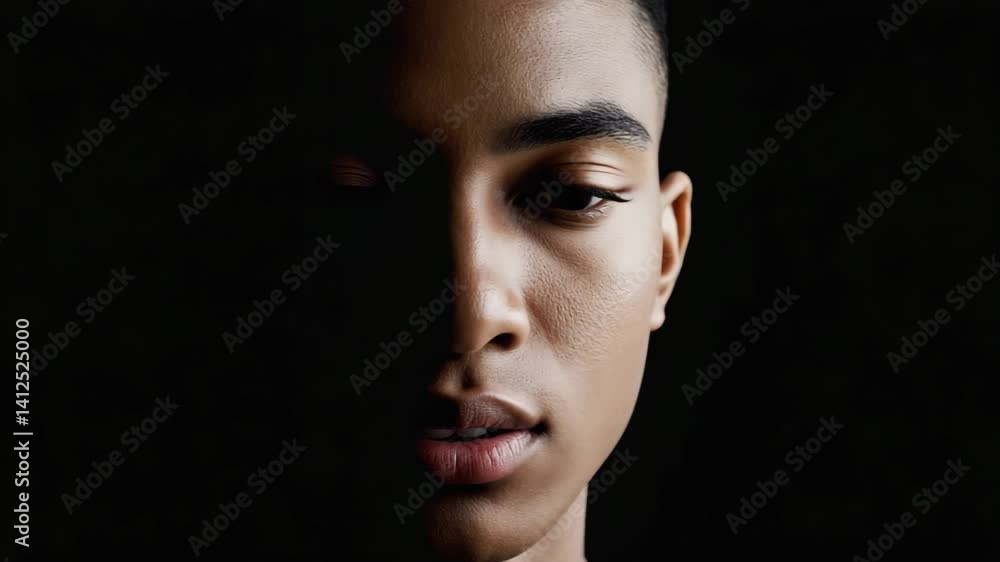 Close-up portrait of a young adult with half face in shadows, minimalistic studio setting and dark mood Close-up portrait of a young adult with half face in shadows, minimalistic studio setting and dark mood