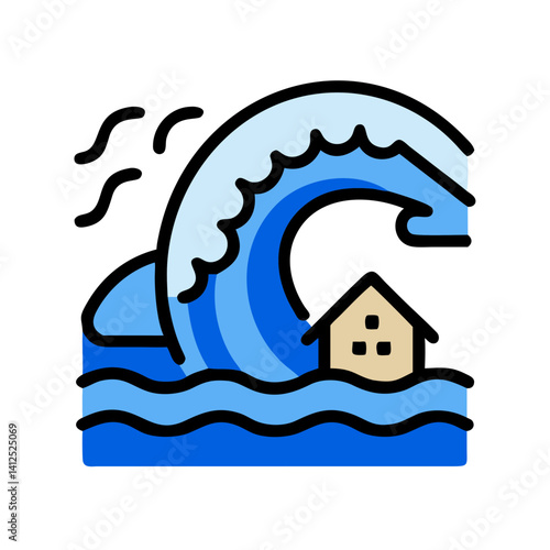 Tsunami wave approaching house icon, natural disaster illustration