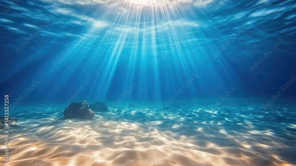 Obraz premium Underwater turquoise background with deep blue sea, light rays, and sandy floor