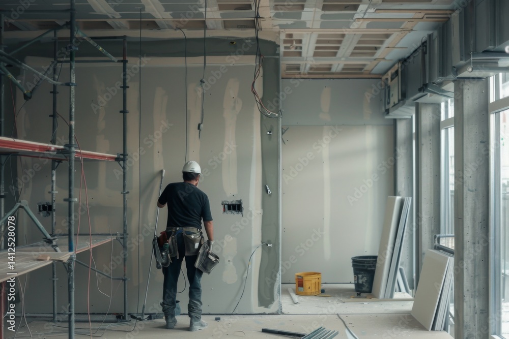 Fototapeta premium construction worker installing drywall in new building interior
