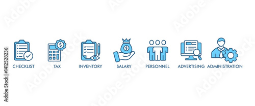 Cost reduction banner web icon vector illustration concept with icon of checklist, personnel, inventory, salary, tax, advertising and administration
