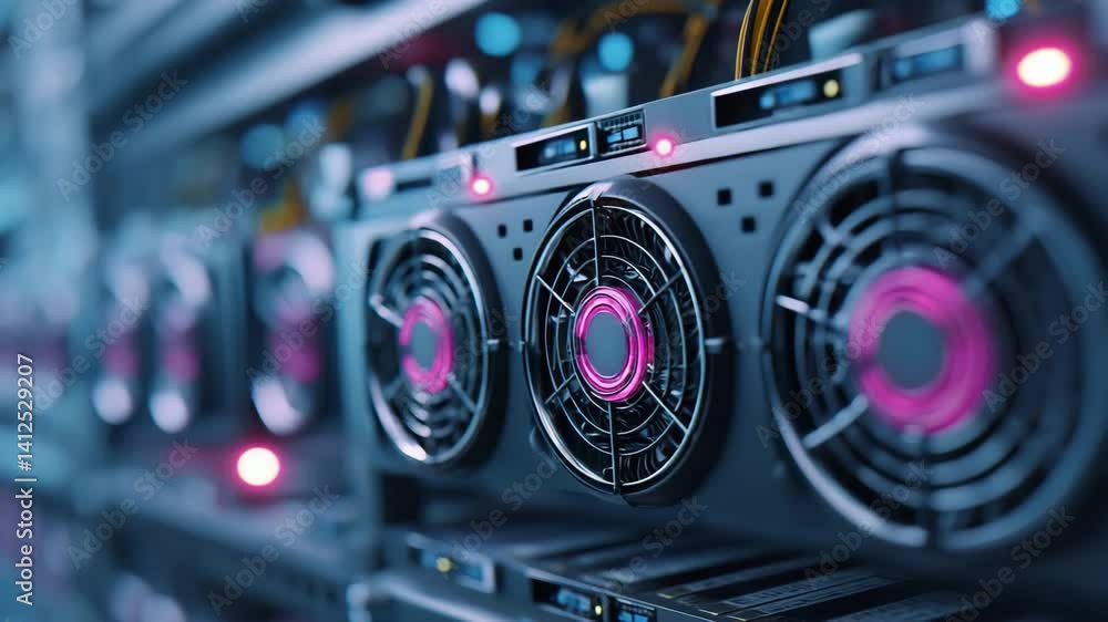 High tech crypto mining equipment showcases innovation and advanced technology digital currency startups with powerful graphics and cooling systems.