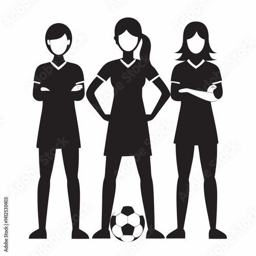 Vector silhouette of a female street soccer player juggling or performing freestyle tricks, dynamic pose with one foot mid-juggle, athletic and playful stance, black silhouette on a clean white backgr