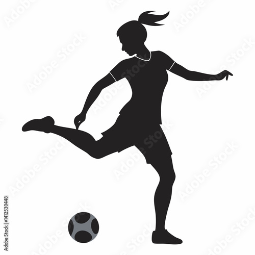 Vector silhouette of a female street soccer player juggling or performing freestyle tricks, dynamic pose with one foot mid-juggle, athletic and playful stance, black silhouette on a clean white backgr
