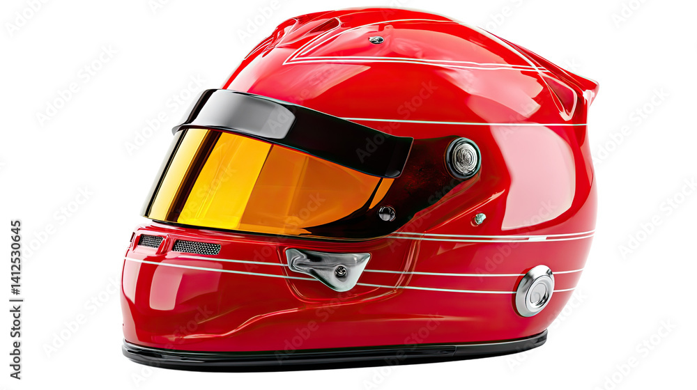 Fototapeta premium Red Racing Helmet: A close-up shot of a sleek red racing helmet with a tinted visor, designed for speed and safety on the racetrack.