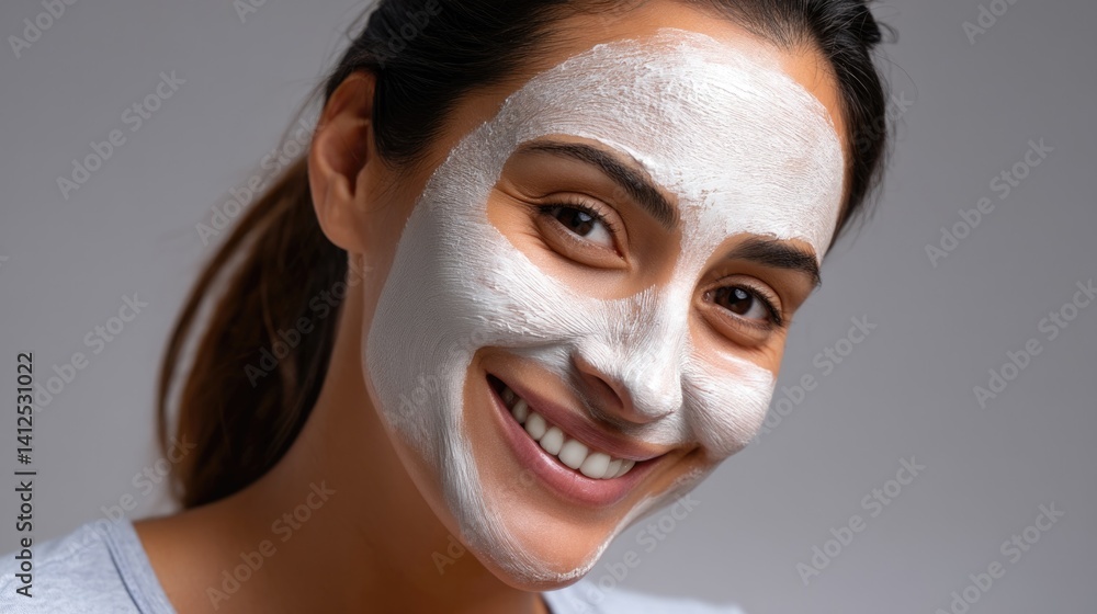Fototapeta premium smiling woman with a face mask on, spa background slightly blurred