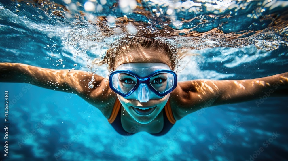 Fototapeta premium Underwater view of a fit girl swimming gracefully