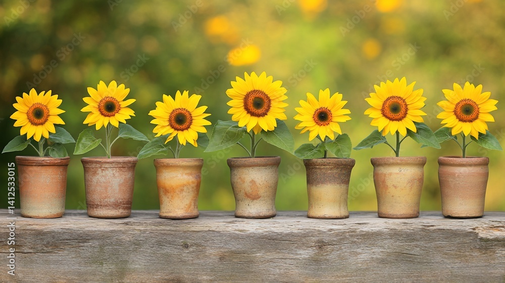Fototapeta premium Sunflowers in terracotta pots on a wooden surface